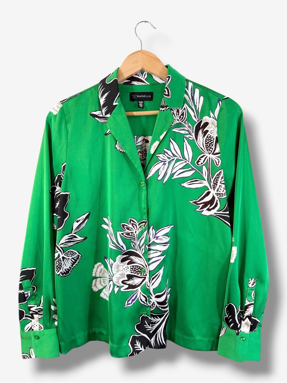 Rafaella Green Satin Floral Blouse Size S Black White Long Sleeve Office Casual